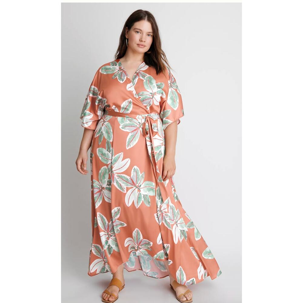 Anthropologie Hutch Bali Wrap Maxi Dress Leaves Leaves Orange Peach 1X